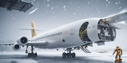 Robots Fixing Technical Issues on Wings of Luxurious Airplane in Snowstorm