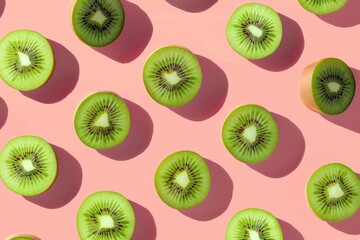This image displays a pattern of kiwi slices laid out on a pink background, accentuating the contrast between the green fruit and the pink surface with distinct shadows.