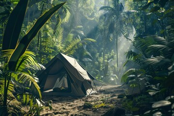 This captivating image showcases a camp tent nestled in a dense tropical jungle, with radiant sunlight filtering through the canopy, creating an atmosphere of adventure and tranquility.