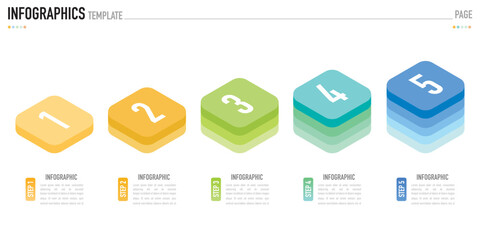 Rectangular isometric infographic template or element with 5 step, process, option, colorful rectangle, bar, column, arrow, minimal style, slide