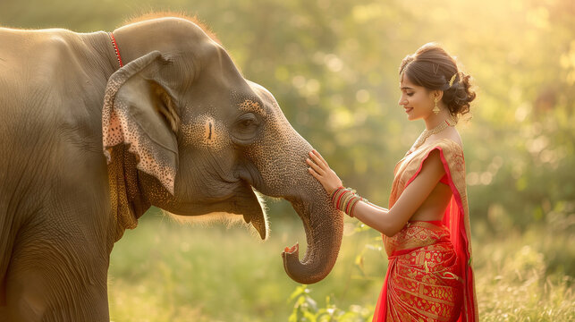 Indian woman in a stunning sari elegantly interacting with a gentle elephant in a lush green field