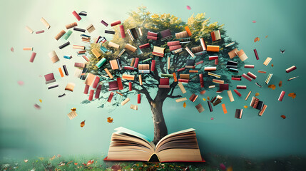 International literacy day concept with tree with books like leaves.
