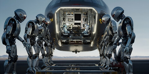 Obraz premium Robots Performing Maintenance on Engines of Luxurious Airplane