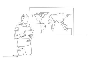 Woman presenting world map. World map concept one-line drawing