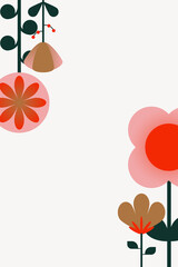 Abstract floral background with flowers and nature-themed design featuring plants, hearts, and a sunny garden