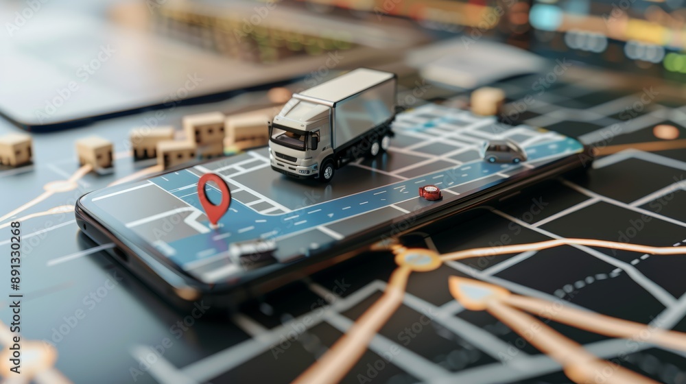Poster real-time delivery tracking technology with smartphone map and moving vehicle icon