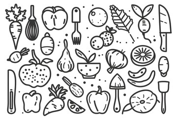 outline illustrations fruits, vegetables, and kitchen utensils