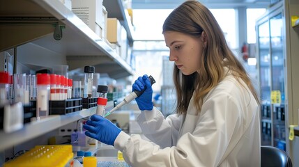 A woman researcher works on cell regeneration in the university laboratory. 