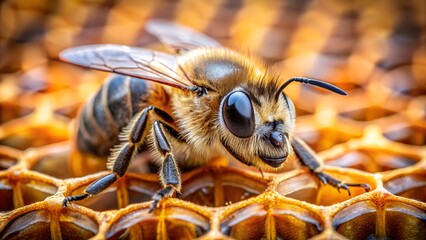 Honey bee standing on honeycomb in apiary