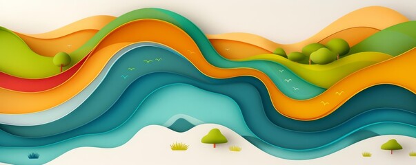 Smooth river flow, vibrant colors, flat design illustration