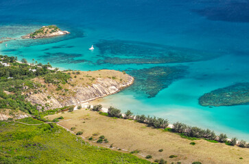 Spectacular aerial view of coral reefs from Cooks Look on Lizard Island. It is located on Great...