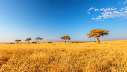 sprawling savannah with acacitrees under clear sky the ozone layer protecting the vibrant ecosystem The golden hues of the landscape contrast with the brilliant blue above