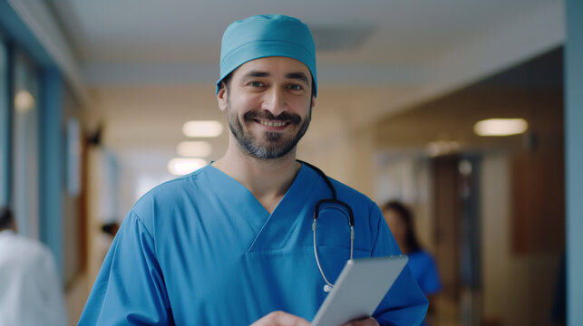 handsome surgeon doctor man in blue uniform holding digital tablet, posing for portrait in clinic hall, modern technology in medical job