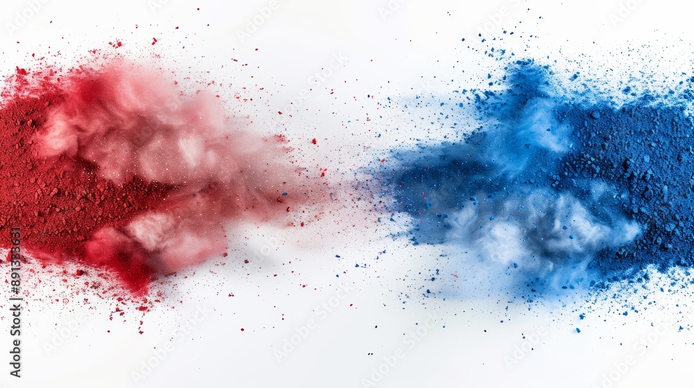 Poster Abstract red and blue powder collision on a white background, creating a vibrant and dynamic visual effect of color explosion.