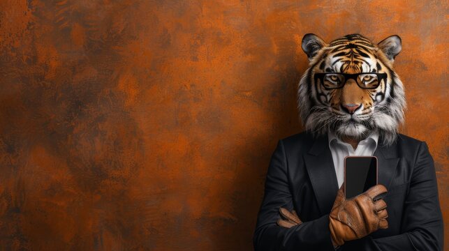 Business person wearing a tiger mask in a suit holding a phone against an orange textured background, depicting power and modernity.