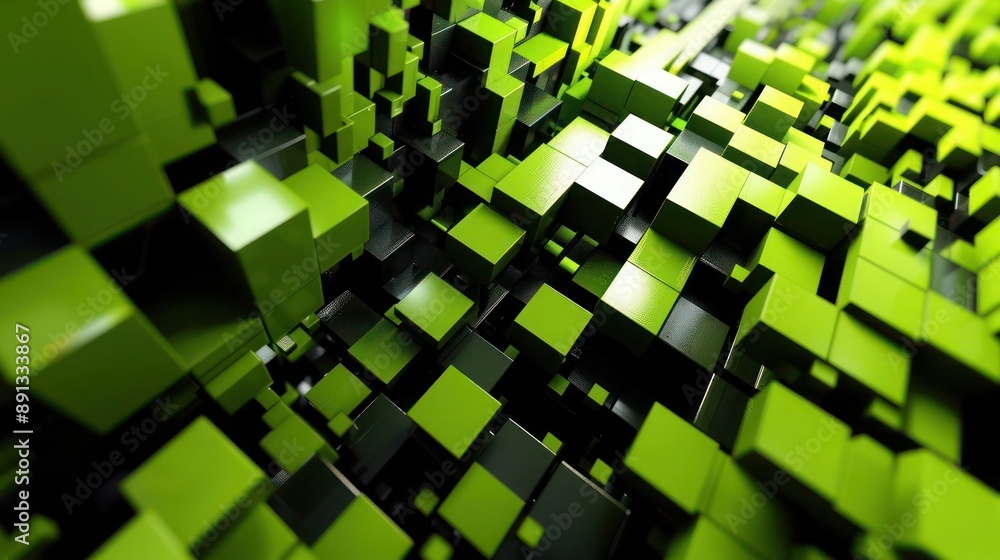 Aufkleber abstract voxel art scene with a dynamic interplay of green and black cubes, creating a mesmerizing d