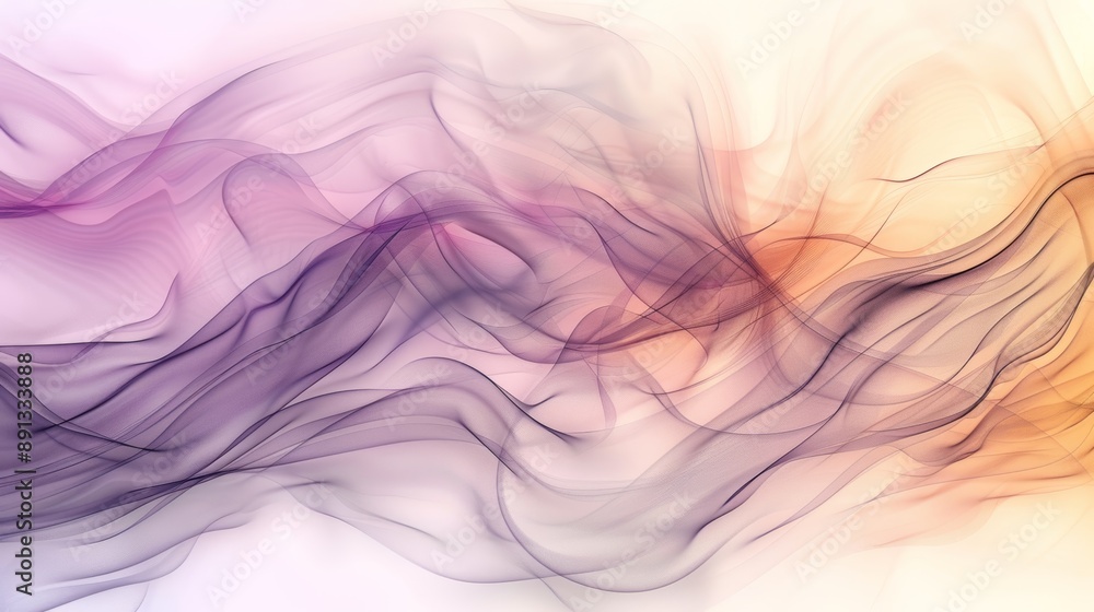 Poster abstract blend of soft purple and orange waves creating a dynamic and fluid background with wispy, f