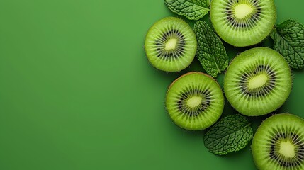 essence of a kiwi fruit and mint leaves in a pixel art style