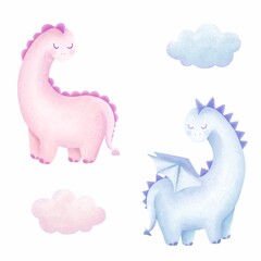 Clipart cute dino.Watercolor hand drawn color children's illustration, poster, print with cute dinosaur.Kids print.Baby collection.boy or girl.Baby shower 