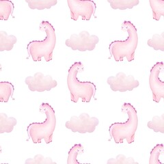 Seamless pattern pink dino.Watercolor hand drawn color children's illustration, poster, print with cute dinosaur.Kids print.Baby collection.