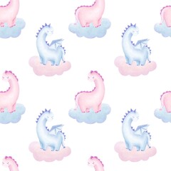 Seamless pattern  cute dino.Watercolor hand drawn color children's illustration, poster, print with cute dinosaur.Kids print.Baby collection.boy or girl.Baby shower 