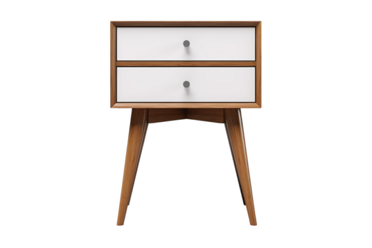 A Two-Drawer Wooden Nightstand With Tapered Legs on a Clear PNG or White Background.