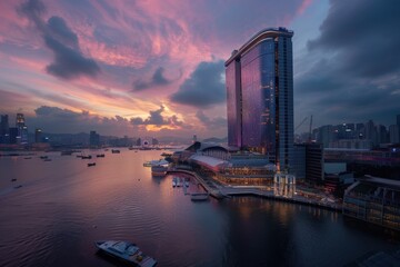 This image portrays a modern skyscraper by the waterfront, lit by the radiance of a colorful sunset. The scene is complemented by boats and cityscape in the distance.