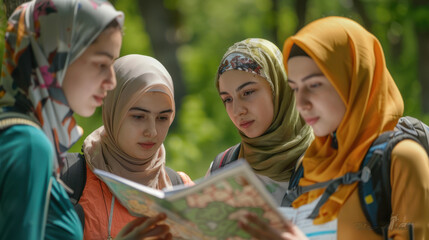 A photograph of a group of young women in hijabs, gathered and looking at a map, park background with lush greenery