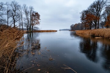 Obraz premium A serene river landscape featuring calm water surrounded by reeds and trees under an overcast sky. The reflection of trees in the water adds to the tranquil atmosphere.