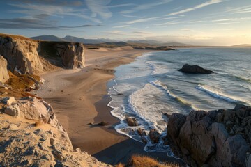 A breathtaking coastal landscape captured at sunset with golden light illuminating the cliffs and waves gently crashing against the shore, creating a serene atmosphere.