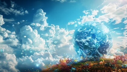 A stunning image of a blue globe encased in a vibrant eco-friendly environment beneath a dynamic cloud-filled sky emphasizing the critical need to protect our ozone layer and foster 