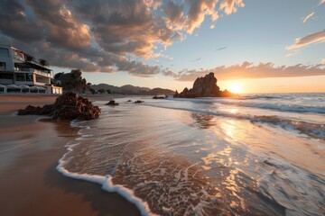 A beautiful sunset view on a sandy beach with gentle waves rolling in, lush clouds overhead, and the warm glow of the setting sun creating a peaceful and idyllic scenery.