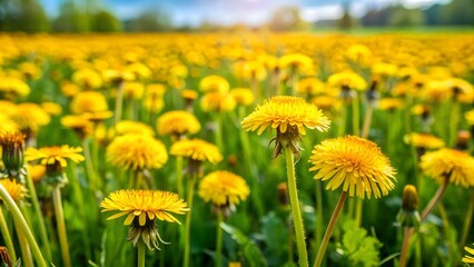 Obraz premium Dandelions blooming in a sunny field of spring flowers