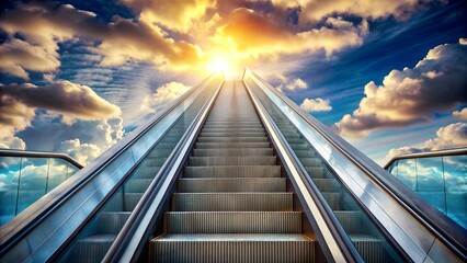 Escalator going up to the sky with dramatic clouds and sun