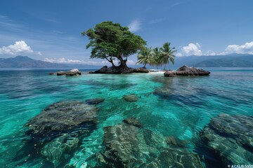 Fototapeta premium An isolated tree and palm trees stand majestically on a small rocky islet surrounded by crystal-clear waters, creating a striking and serene natural scene.