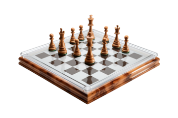 A Game of Strategy on a Wooden Chessboard With a Clear Top on a Clear PNG or White Background.