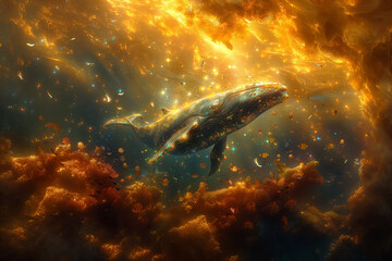 Obraz premium Celestial Cetaceans: Whales Dancing in the Golden Skies of Wonder, generative AI