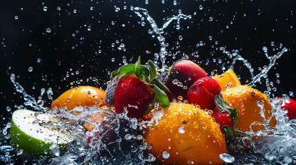 Assorted Fresh Fruits with Dynamic Water Splash on Black Background