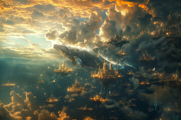 Celestial Cetaceans: Whales Dancing in the Golden Skies of Wonder, generative AI