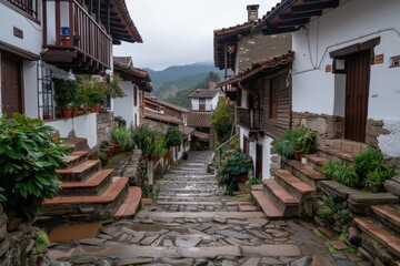 Narrow stone-paved street in a traditional hillside town, featuring whitewashed houses with wooden elements, surrounded by lush greenery, leading toward distant mountains.