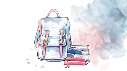 Cartoon style watercolor backpack with books, stationery, white background, pastel colors, banner design, copy space.