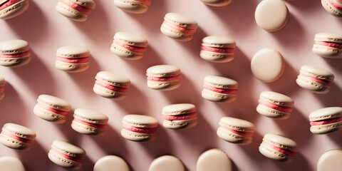 Fototapeta premium Macaroons on colored background, a pattern of colorful french cookies macarons. Colorful french desserts. Top view.
