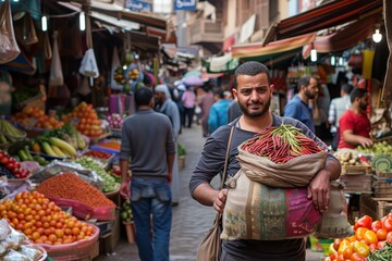Obraz premium A person carrying a heavy sack of produce walks through a crowded and vibrant market street, illustrating the commerce and daily activities in a bustling market.