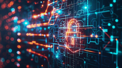 Obraz premium Digital data security related futuristic technological background with a padlock icon and moving lines and objects on digital screen