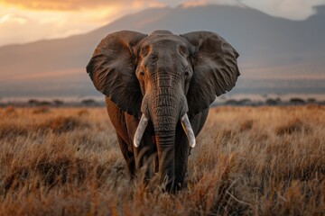 Obraz premium Close-up shot of an elephant standing in open plains during sunset. The golden hour light enhances the majestic presence of the elephant in its natural habitat.