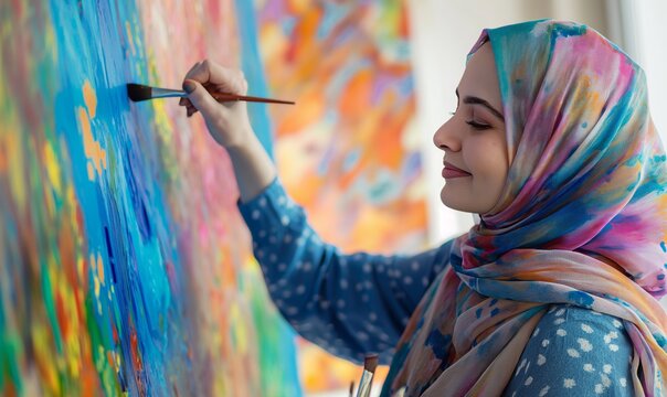 arab woman in hijab painting a colorful picture in studio, wearing blue dress with white dots, smiling, close up side view, wide camera lens, natural light, hyper realistic art style