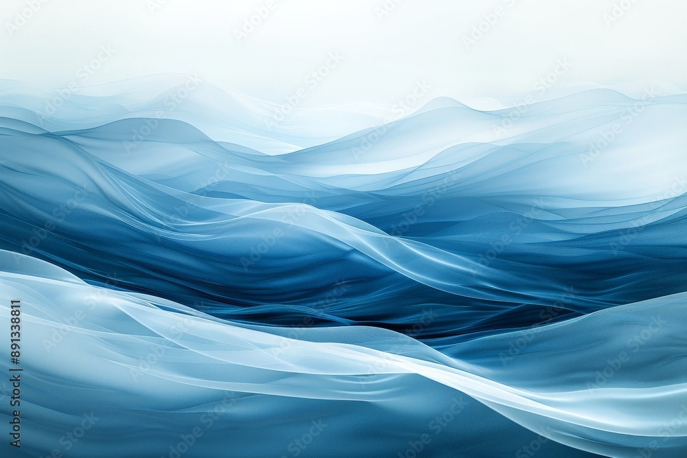 Poster This image features smooth gradient waves of blue and white in an abstract style, giving a calming and serene feel with fluid motion and elegant curves.