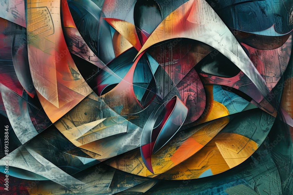 Aufkleber A complex abstract image with entangled forms and layers, creating a visually rich and deep composition that invites the viewer to explore its details and textures.