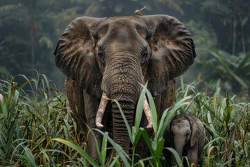 Fototapeta premium A majestic adult elephant and its baby stand amidst lush greenery in the wild, with a bird perched atop, highlighting the beauty of wildlife and nature.