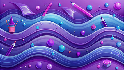 Flowing waves of blue and purple hues are interspersed with various writing instruments and geometric shapes. The scene presents a whimsical, creative atmosphere with scattered floating 3D bubbles.AI